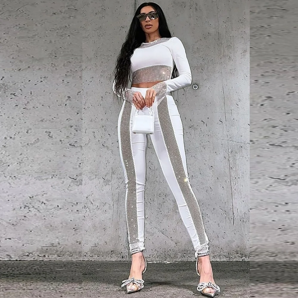 NWT On The Town White Rhinestone Co-ord Legging Set Size Medium